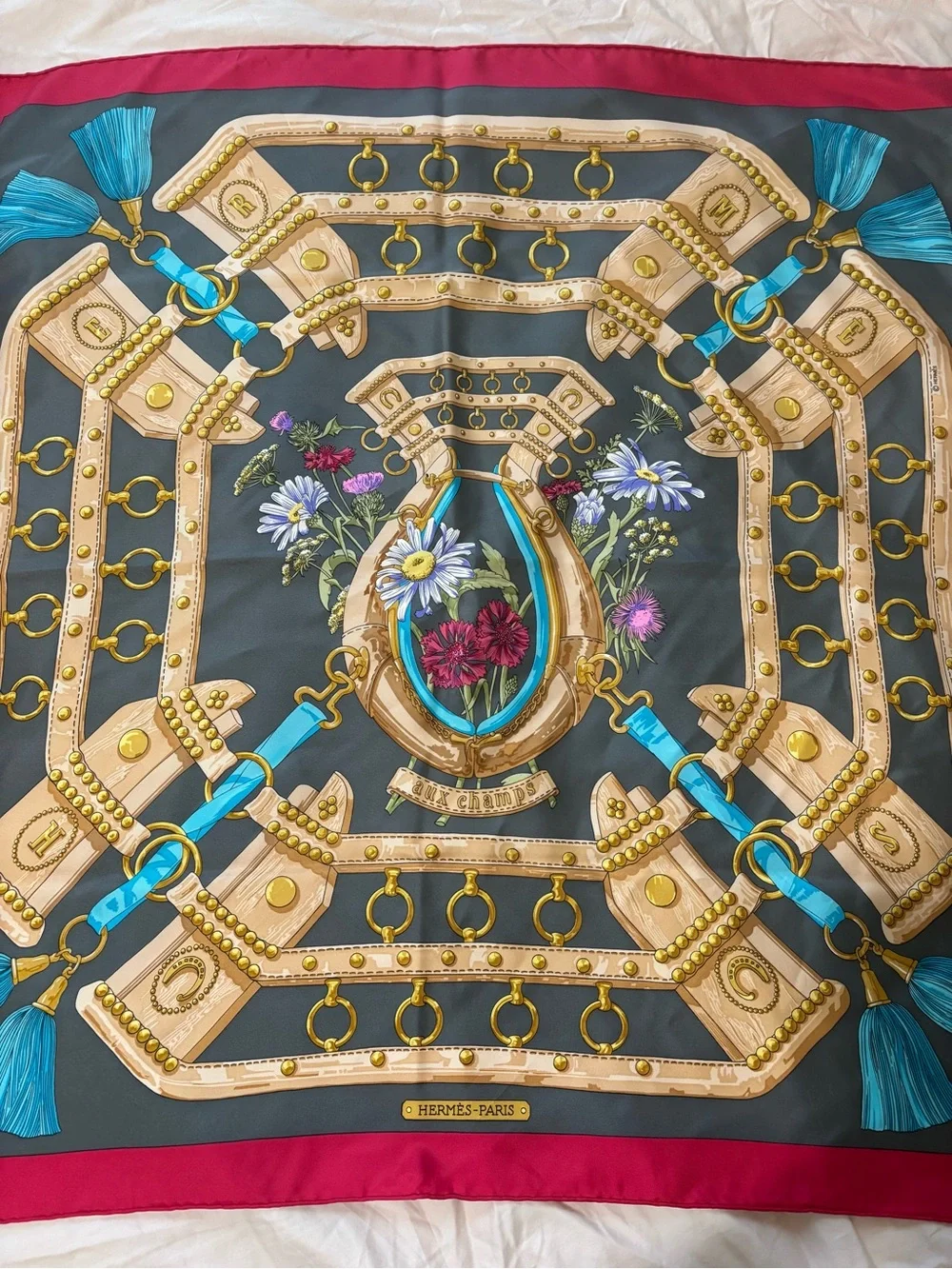 Hermès “Aux Champs” Silk Scarf – Equestrian Floral Design